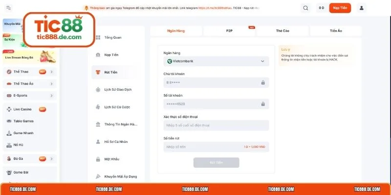 Rút tiền TIC88